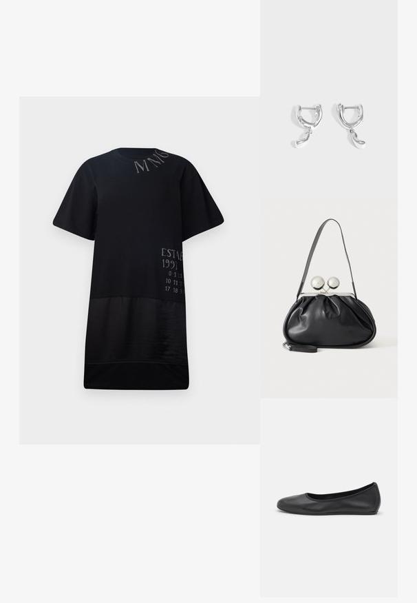 Camiseta negra de manga corta, con una textura suave, un corte holgado y texto impreso en gris en la parte delantera y en la sección inferior.; Bailarina de piel negra con punta redondeada, textura suave, detalle de costura minimalista y diseño de suela flexible.; Bolso de mano de cuero negro con diseño fruncido, una sola correa, marco metálico plateado y dos cierres grandes redondos de plata.; Par de pendientes de aro de plata pulida con pequeños colgantes en forma de gota irregular colgando de cada aro sobre un fondo gris liso.
