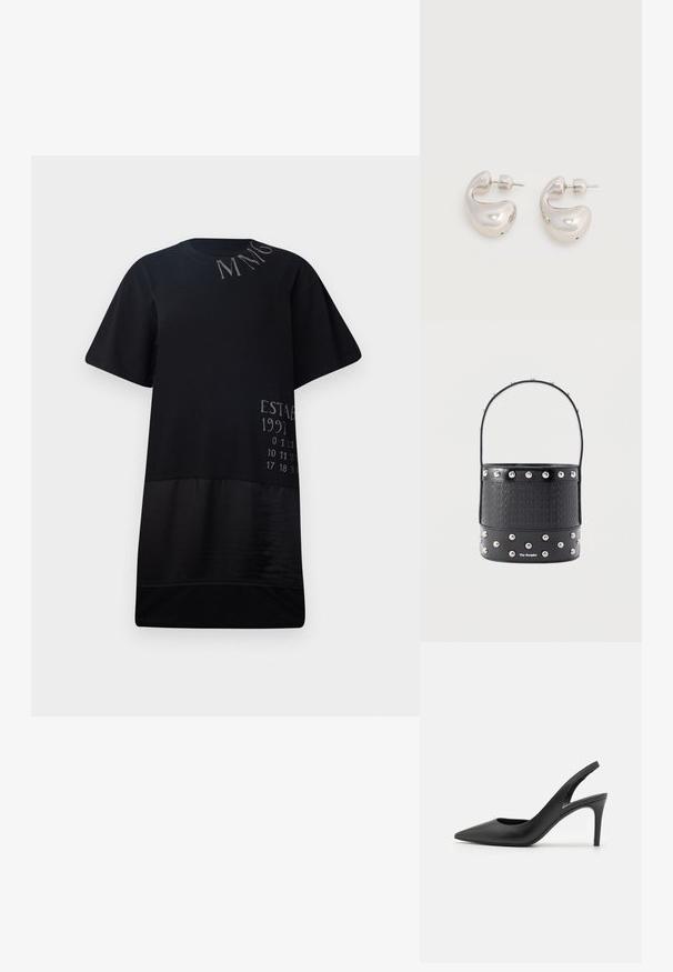 Camiseta negra de manga corta, con una textura suave, un corte holgado y texto impreso en gris en la parte delantera y en la sección inferior.; Zapatos de tacón alto de cuero negro con diseño de punta afilada, que presentan un corte en la parte delantera y un delgado tacón de aguja.; Bolso tipo cubo negro con textura tejida, adornos de tachuelas plateadas y un asa delgada. Presenta la marca en la parte frontal y una base de cuero suave.; Par de pendientes de aro gruesos plateados y brillantes con cierre de poste y cierre de presión sobre fondo blanco liso.
