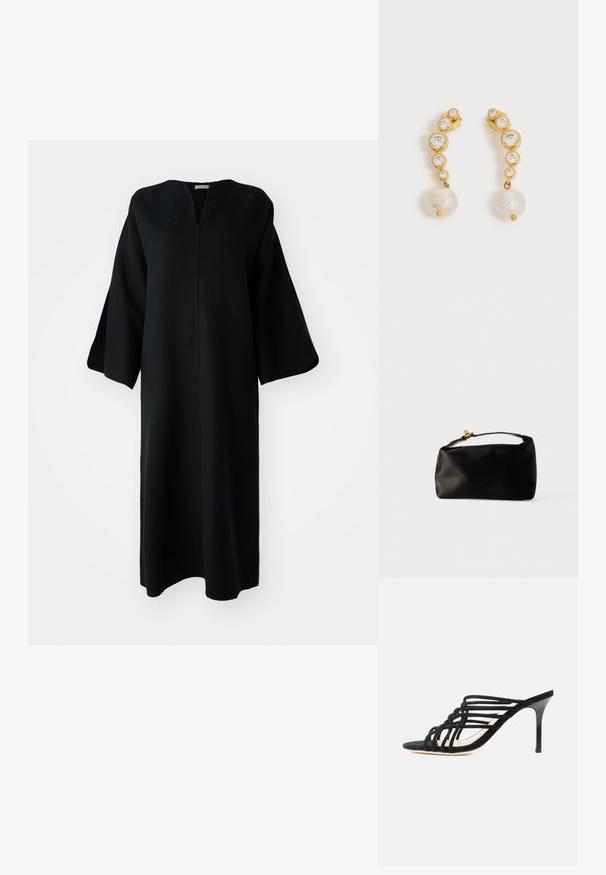 Robe noire longue avec des manches larges et un décolleté en V, présentée sur un fond blanc.; Sandale mule noire à talon haut avec fines brides croisées et talon aiguille fin sur fond blanc.; Pochette en satin noir avec une forme arrondie, une anse supérieure et un fermoir en doré. Texture lisse avec un design minimaliste.; Boucles d'oreilles en or avec quatre pierres précieuses rondes transparentes de tailles décroissantes et une perle blanche pendante sur chaque boucle sur fond blanc.