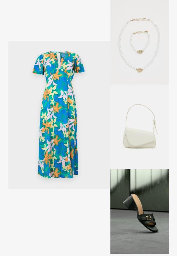 Robe longue avec manches bouffantes courtes, fente en V, et un motif floral vibrant en bleu, orange, jaune et rose clair sur fond vert.; Mule en cuir noir à bout ouvert avec talon bloc et détail de boucle dorée, présenté sur une surface grise avec un fond sombre flou.; Sac à main en cuir synthétique blanc avec une forme triangulaire structurée, une bandoulière unique réglable et un rabat à courbes accentuées.; Collier en perles et bracelet assorti avec fermoirs en or et petit charm rond en or décoré de petits cristaux sur fond blanc.
