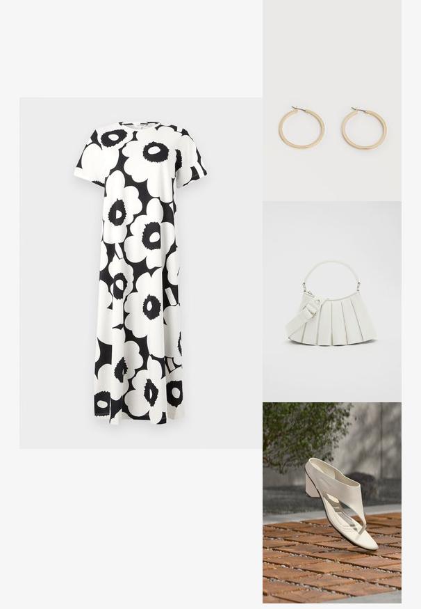 Vestido de patrón floral en blanco y negro con mangas cortas, escote redondo y un diseño fluido. Fabricado con tejido liviano.; Sandalia de tacón de cuero blanco con una tira ancha y separador de dedos, mostrada al aire libre sobre una superficie de madera y baldosas de grava con vegetación al fondo.; Lacoste LENGLEN BAG - Bolso de mano - cristalline; Par de pendientes de aro de tamaño mediano con tono dorado y cierre de bisagra sobre un fondo claro y liso.