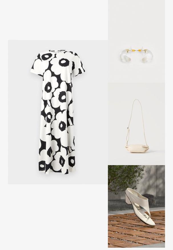 Sort-hvid blomsterprint kjole med korte ærmer, rund halsudskæring og en flydende design. Fremstillet af letvægtsstof.; Hvid læderhæl sandal med bred rem og tåpost, vist udendørs på en overflade med træ og grusfliser med grønt i baggrunden.; Lille beige læder crossbody taske med justerbar rem, vist mod en ensfarvet lys baggrund.; Klare akryl hoops øreringe med guld accenter, der har et buet design og en transparent lås. Glat tekstur, minimalistisk stil.