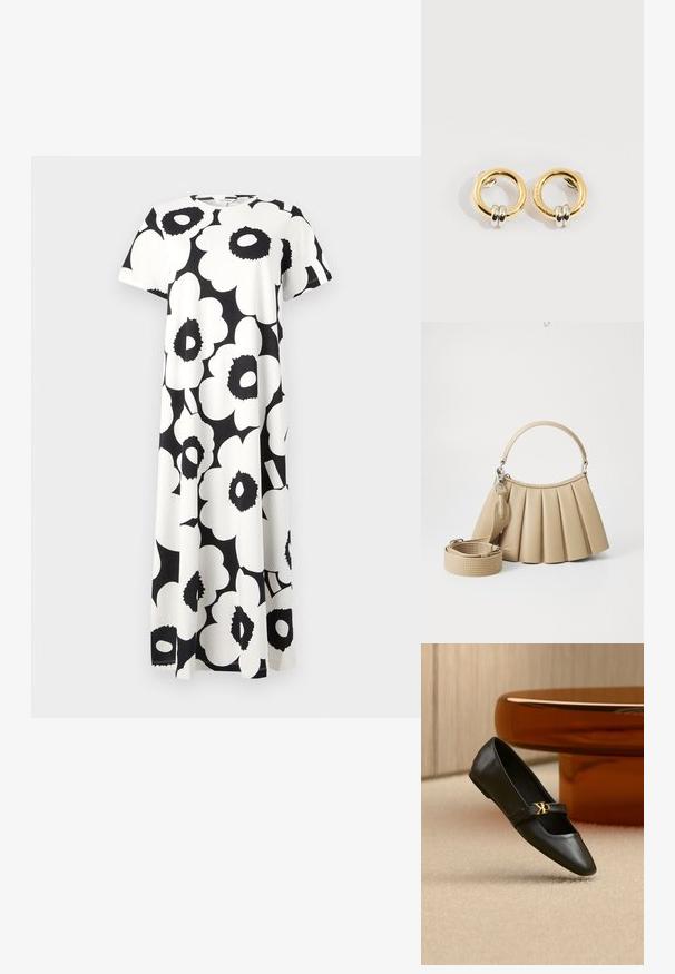 Vestido de patrón floral en blanco y negro con mangas cortas, escote redondo y un diseño fluido. Fabricado con tejido liviano.; Zapato plano de cuero negro con puntera puntiaguda y logo dorado de CK en la correa, colocado sobre una alfombra beige cerca de una mesa redonda marrón ámbar.; Lacoste LENGLEN BAG - Bolso de mano - viennois; Pendientes circulares de oro con dos pequeños anillos de plata en cada uno, que muestran detalles sutiles del nombre de la marca grabado, colocados sobre un fondo blanco.