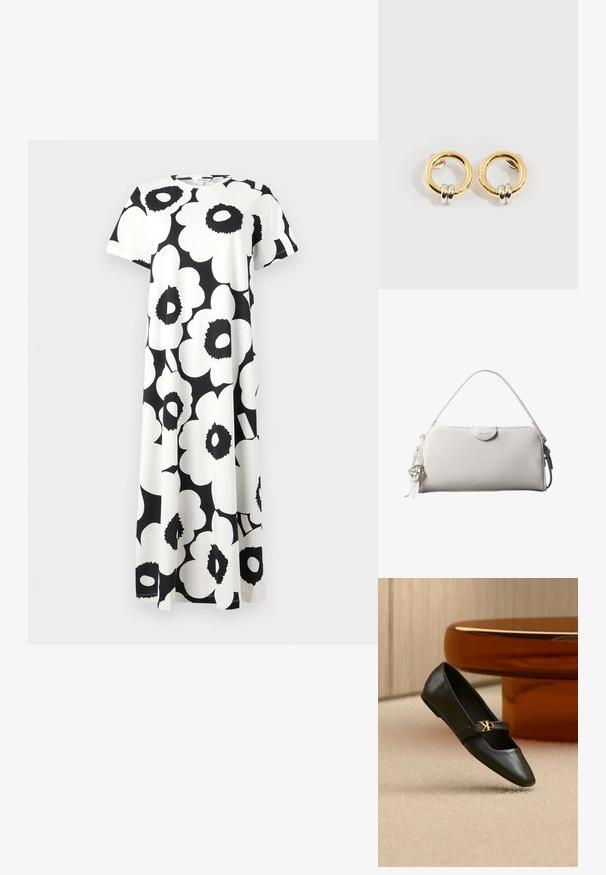 Vestido de patrón floral en blanco y negro con mangas cortas, escote redondo y un diseño fluido. Fabricado con tejido liviano.; Zapato plano de cuero negro con puntera puntiaguda y logo dorado de CK en la correa, colocado sobre una alfombra beige cerca de una mesa redonda marrón ámbar.; Bolso rectangular blanco de Calvin Klein con un solo asa, diseño minimalista y borlas decorativas con un charm metálico geométrico en el lateral.; Pendientes circulares de oro con dos pequeños anillos de plata en cada uno, que muestran detalles sutiles del nombre de la marca grabado, colocados sobre un fondo blanco.