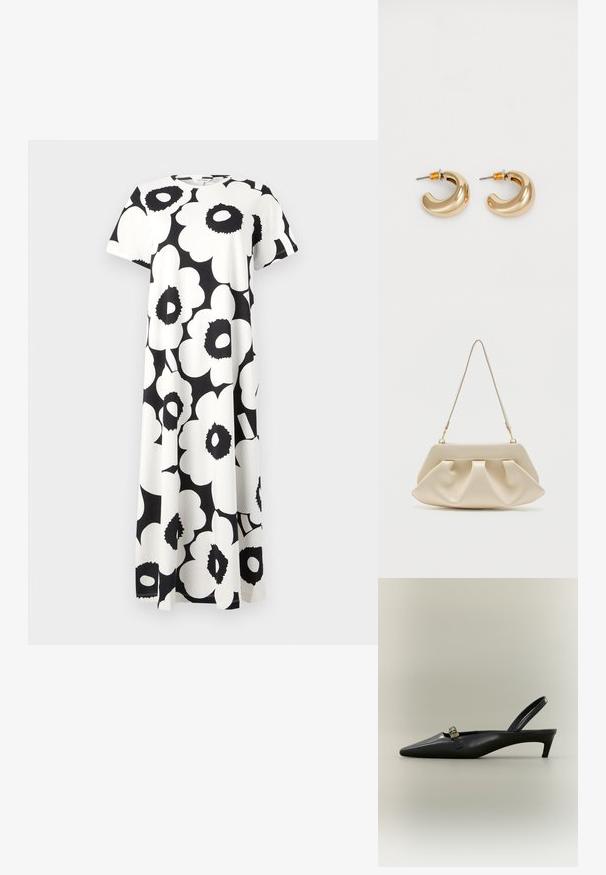 Vestido de patrón floral en blanco y negro con mangas cortas, escote redondo y un diseño fluido. Fabricado con tejido liviano.; Zapato de tacón bajo tipo kitten en piel negra con talón descubierto, punta puntiaguda y hebilla pequeña color dorado sobre un fondo liso.; Bolso de mano suave de color crema con pliegues recogidos y una correa delgada para el hombro con herrajes dorados.; Dos pendientes de aro dorados brillantes en un diseño curvado, con acentos naranjas cerca del poste, sobre un fondo blanco liso.