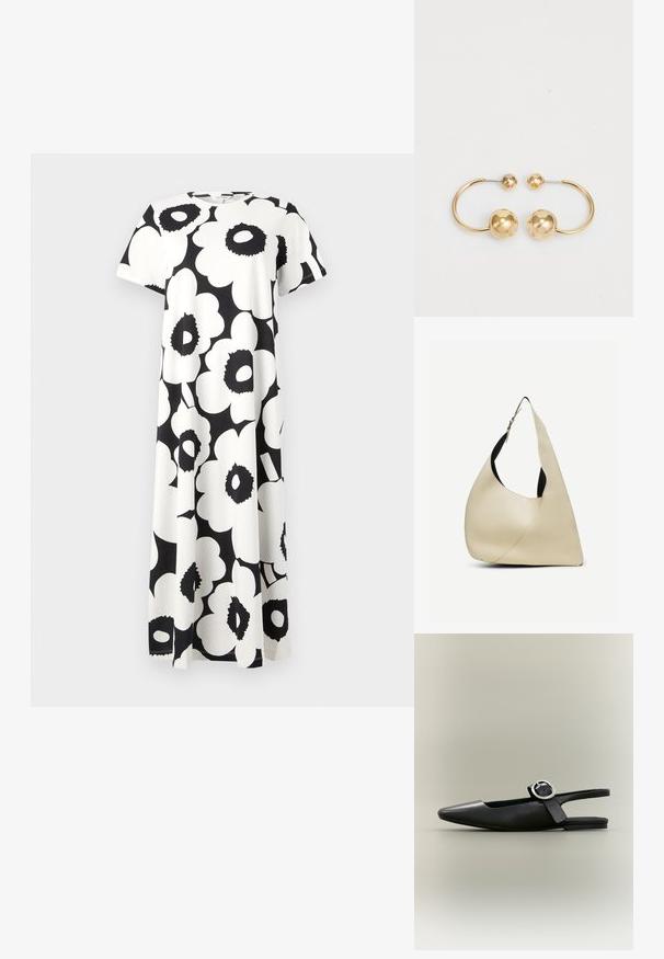 Sort-hvid blomsterprint kjole med korte ærmer, rund halsudskæring og en flydende design. Fremstillet af letvægtsstof.; Sort spids flat slingback-sko med sølv spænde og lav hæl på en neutral baggrund.; Skuldertaske i cremelærret glat læder med buet trekantet form og justerbar rem med sølvspænde.; Guldtonet metaløreringe med et cirkulært design, der har to kugler; en større og tekstureret kugle samt en mindre poleret kugle øverst.