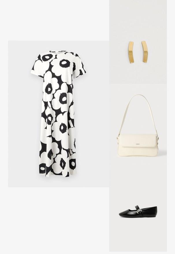 Vestido de patrón floral en blanco y negro con mangas cortas, escote redondo y un diseño fluido. Fabricado con tejido liviano.; Zapato plano Mary Jane de cuero negro con punta redondeada y hebilla plateada sobre un fondo liso.; Bolso de hombro de cuero color crema con cierre de solapa, herrajes plateados, una sola correa ajustable y detalles sutiles con el logo.; Pendientes de metal en tono dorado con un diseño curvado y alargado. La superficie es lisa y pulida, presentando un estilo minimalista.