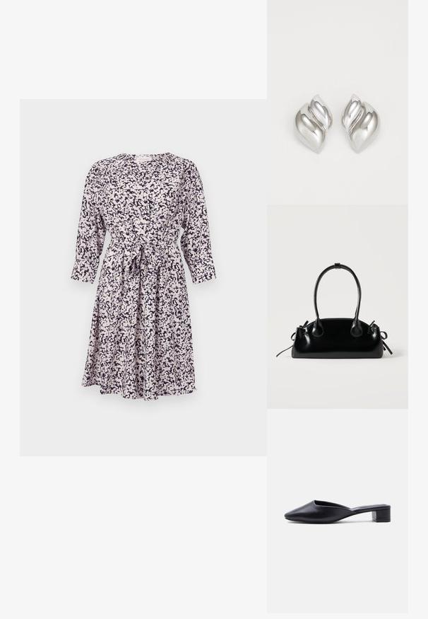 Vestido de estampado floral en color claro con acentos en azul marino, de manga larga, con botones en la parte delantera y detalle de cintura atada. Tejido suave y ligero.; Zapato mule de cuero negro sin cordones con punta puntiaguda y tacón bajo y cuadrado, mostrado de perfil sobre un fondo liso.; Pequeño bolso negro brillante con dos asas largas y detalles de cordón lateral sobre un fondo claro liso.; Pendientes de plata con una forma orgánica y abstracta. Superficie lisa y brillante con un diseño cónico. Presentan suaves curvas y un detalle de línea central.