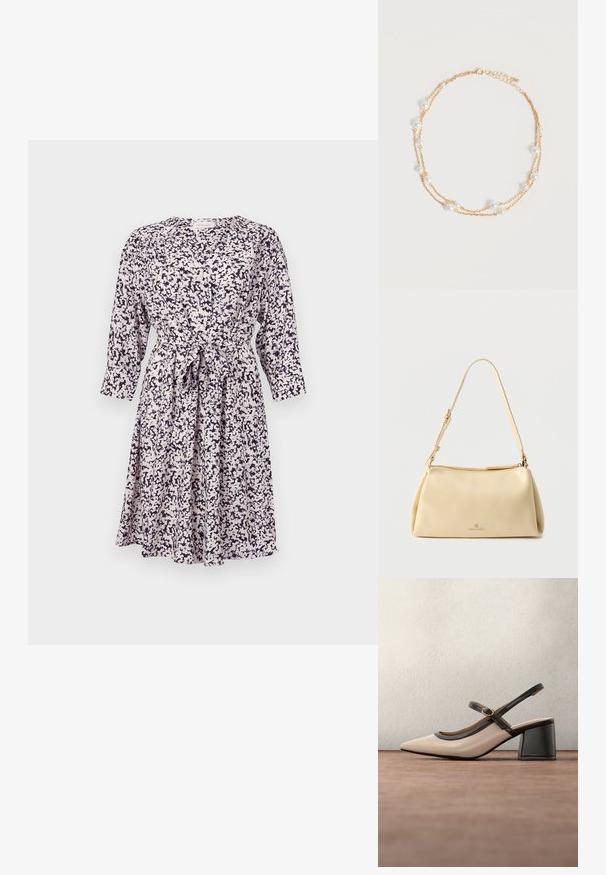 Heleline lillemusteriga kleit tumesiniste aktsentidega, pikad varrukad, nööbid ees ja seotud talje detail. Pehme, kerge kangas.; Beežid kõrgkontsaga slingback-king, millel on terav nina, must ääris ja pandla detail. Sile materjal mattlõpuga, keskmise suurusega plokktald.; Beež ristkülikukujuline õlakott, millel on reguleeritav rihm ja tõmblukuga sulgemine ning esiküljel keskel väike "Anna Field" logo.; Õrn kahekordne kuldne kett kaelas, millel on ühtlaselt jaotatud väikesed valged pärlid lihtsal heledal taustal.