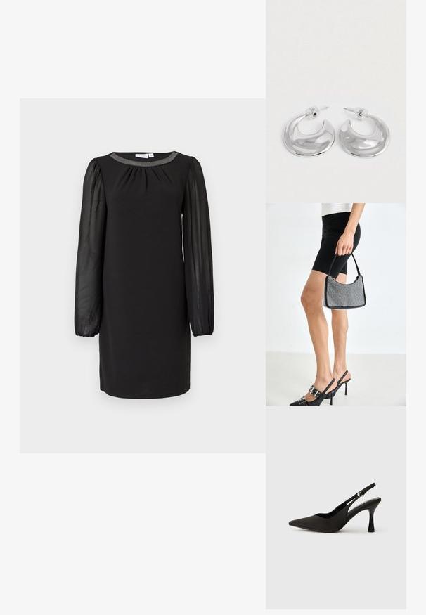 Zwarte jurk tot de knie met doorschijnende lange mouwen en een met kralen versierde halslijn, tentoongesteld op een plain witte achtergrond.; Zwarte slingback hakken met een spitse neus, een gladde matte afwerking en een slanke, glanzende hak. Verstelbare band met een klein gespdetail.; Zwarte beaded handtas met een gebogen silhouet, draaghandvat en glanzende textuur. Draagt bij hoge zwarte hakken en strakke zwarte shorts.; Een paar gepolijste zilveren halve maanvormige creolen met heldere plastic achterkanten op een witte ondergrond.