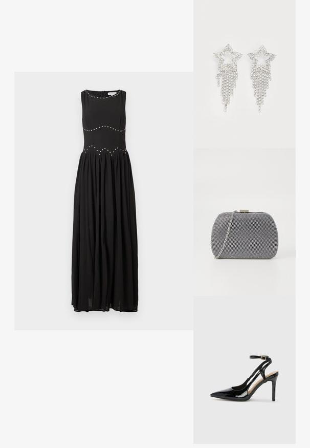 Vestido maxi negro con un cuerpo ajustado, escote redondo y falda fruncida, que presenta tachuelas plateadas en un patrón ondulado a lo largo de la cintura.; Zapato de charol negro de tacón alto, tipo slingback, con punta afilada, correa ajustable en el tobillo y lados abiertos. Textura lisa.; Bolso de mano texturizado en blanco y negro con forma redondeada, correa de cadena plateada y un cierre de metal en la parte superior.; Pendientes en forma de estrella con strass y detalles de flecos en cascada, con un tono plateado y una superficie brillante y reflectante. Forma de estrella con un diseño intrincado.