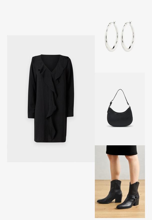 Schwarzes Kleid mit V-Ausschnitt und einem gerafften Frontdetails. Lange Ärmel und eine lässige Passform unterstreichen die elegante Ausstrahlung. Weicher Stoff.; Schwarze Leder-Stiefeletten mit spitzem Zehenbereich, Reißverschluss, geschwungenem Absatz und einem dekorativen Riemen mit metallischen Akzenten.; Schwarze Hobo-Tasche aus glattem Leder mit einer geschwungenen Silhouette, ausgestattet mit einem einzelnen verstellbaren Trageriemen und minimalistischem Design.; Silberne Creolen mit einer glatten, glänzenden Oberfläche. Kreisform, ausgestattet mit einem sicheren Verschluss. Einfaches und elegantes Design.