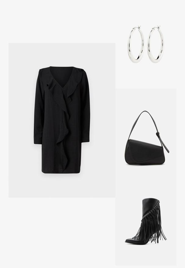 Schwarzes Kleid mit V-Ausschnitt und einem gerafften Frontdetails. Lange Ärmel und eine lässige Passform unterstreichen die elegante Ausstrahlung. Weicher Stoff.; Schwarzer knöchelhoher Stiefel mit hohen Absätzen, schrägen Fransen und Metallösen entlang des oberen Randes, spitze Zehe und Stilettoabsatz.; Schwarze Lederhandtasche mit dreieckiger Form, schrägem Klappdeckel und rundem Oberhandgriff. Verfügt über eine glatte Textur und minimalistische Designdetails.; Silberne Creolen mit einer glatten, glänzenden Oberfläche. Kreisform, ausgestattet mit einem sicheren Verschluss. Einfaches und elegantes Design.