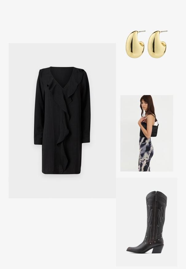 Zwarte jurk met een V-halslijn en een ruches aan de voorkant. Lange mouwen en een loose fit versterken de casual elegantie. Zachte textuur.; Bruine leren cowboylaarzen met vlamstiksels, zijrits, zilveren studs, spits toelopende neus en gestapelde hak.; Zwarte gewatteerde schoudertas met een enkele strap en zilveren hardware, gecombineerd met een fitted, tie-dye patroon jurk in tinten zwart en crème.; Gouden studs met een gladde, gepolijste afwerking, in een abstracte, druppelvorm. Eenvoudige metalen achterzijde voor bevestiging.