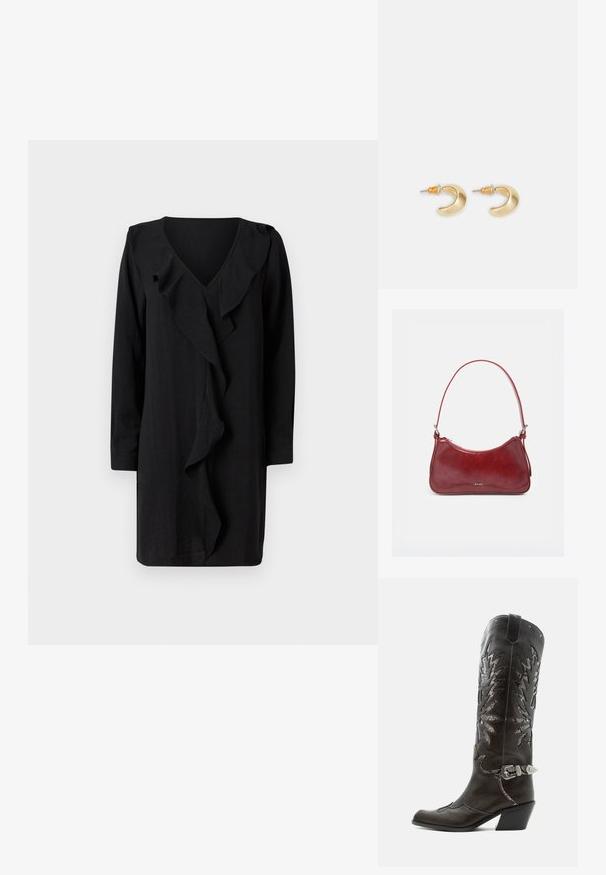 Robe noire avec un décolleté en V et un détail froncé sur le devant. Les manches longues et la coupe ample accentuent son élégance décontractée. Texture douce.; Botte de cowboy en cuir noir avec découpes décoratives, boucle argentée et talon incliné, présentée sur fond blanc.; Petit sac à main brillant rouge foncé avec une seule bandoulière, fermeture éclair argentée et logo « RAID » au centre avant.; Boucles d'oreilles en forme de croissant en or avec une finition lisse, présentant des accents orange près du clou et un matériel en argent.