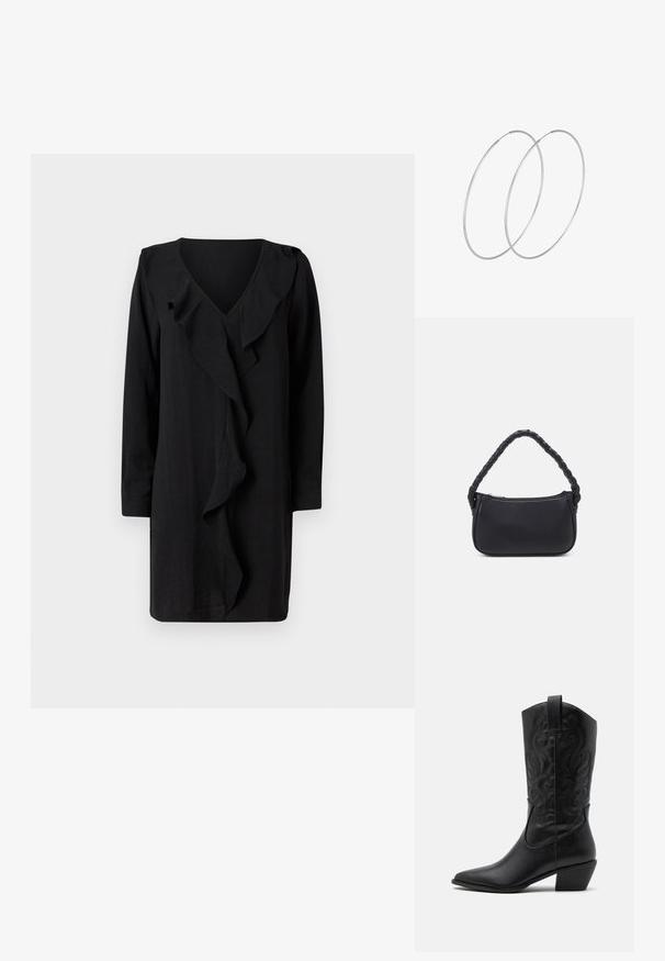 Schwarzes Kleid mit V-Ausschnitt und einem gerafften Frontdetails. Lange Ärmel und eine lässige Passform unterstreichen die elegante Ausstrahlung. Weicher Stoff.; Schwarze Leder-Cowboy-Stiefel mit spitzem Zeh, geprägten, wirbelnden Mustern und einem mittelhohen Absatz. Mit einem Zuglasche für einfaches An- und Ausziehen.; Schwarze Handtasche mit runder Form, aus glattem Material gefertigt. Verfügt über einen geflochtenen Griff und einen Reißverschluss für sicheren Stauraum.; Silberne Creolen mit minimalistischem Design. Rundform, glatte Oberfläche und dünnes Profil. Leichtgewichtig mit hochglänzender Oberfläche.