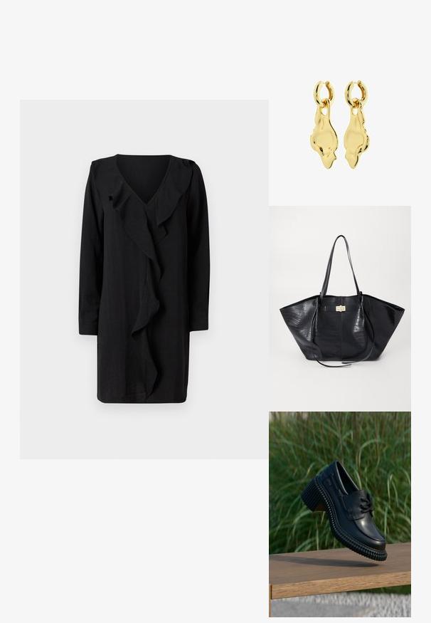 Schwarzes Kleid mit V-Ausschnitt und einem gerafften Frontdetails. Lange Ärmel und eine lässige Passform unterstreichen die elegante Ausstrahlung. Weicher Stoff.; Schwarzer Schuh mit klobigem Absatz und dicker, profilierten Sohle, der über einer Holzbank schwebt, grüne Pflanzen im unscharfen Hintergrund.; Schwarze Tragetasche mit Krokodilprägung, glatter Textur, doppelten Schultergriffen und einem zentralen goldfarbenen Hardware-Detail.; Goldfarbene Ohrringe mit einem skulpturalen, abstrakten Design. Verfügen über einen schwenkbaren Ring und eine verlängerte, wellenförmige Gestalt. Glatte, glänzende Oberfläche.