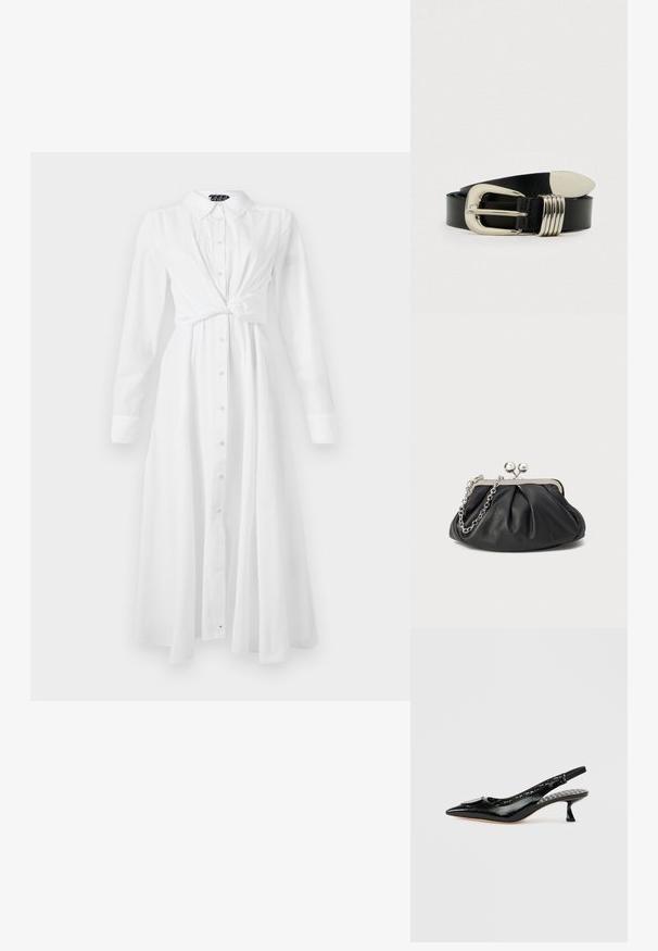 Weißes Langarmhemdkleid mit Kragen, Knopfleiste und geknotetem Taillendesign; hat einen fließenden, geraden Schnitt und eine weiche Textur.; Schwarze Slingback-Pumps aus Lackleder mit spitzer Spitze, strukturierter Oberfläche und kleinem Absatz. Das Innere verfügt über ein gemustertes Futter mit Text.; Schwarze Leder-Clutch mit geraffter Textur, silberfarbener Metallrahmen, Druckverschluss und Kettenriemen. Glatte, weiche Oberfläche.; Schwarzer Ledergürtel mit einer silberfarbenen Metallschnalle, die eine gebogene Kante und drei horizontale Rillen aufweist. Glatte Textur, rechteckige Form.
