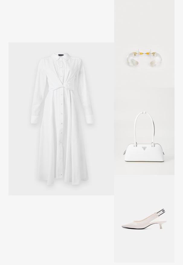 Vestido de camisa blanco de manga larga con cuello, cierre de botones en la parte delantera y diseño de cintura anudada; presenta un corte recto y fluido, y una textura suave.; Zapato slingback de charol blanco con punta afilada, tacón kitten bajo y correa elástica negra y blanca con logo en el talón.; Bolso de cuero blanco con forma curva, que presenta un logo triangular plateado y cierre de cremallera. Textura lisa y dos asas.; Pendientes de aro de acrílico transparente con acentos dorados, que presentan un diseño curvado y un cierre transparente. Textura suave, estilo minimalista.