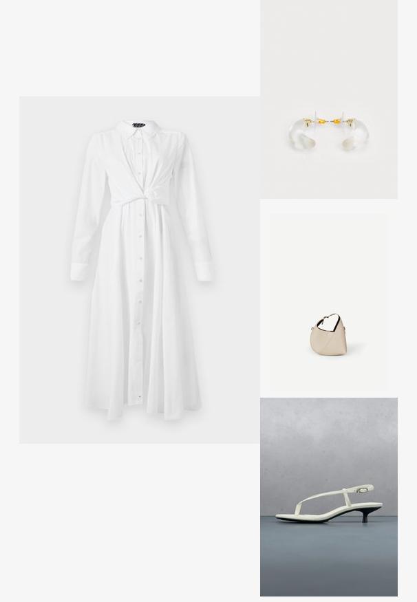 Weißes Langarmhemdkleid mit Kragen, Knopfleiste und geknotetem Taillendesign; hat einen fließenden, geraden Schnitt und eine weiche Textur.; Weiße Riemchenpantolette mit kitten heel und spitz zulaufender Zehenpartie, schwebt über einem Holzkachelboden im Freien mit verschwommenem Pflanzen- und Wandhintergrund.; Beige Ledertasche in Halbmondform mit einem einzelnen Schulterriemen und minimaler Nahtgestaltung, vor einem schlichten weißen Hintergrund.; Klare Acryl-Ohrringe in Hoop-Form mit goldenen Akzenten, die ein geschwungenes Design und einen transparenten Verschluss aufweisen. Glatte Textur, minimalistischer Stil.