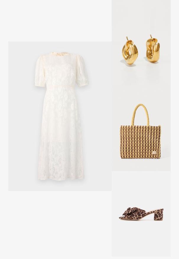 Weißes, blumengemustertes Kleid aus leichtem Stoff, mit kurzen Puffärmeln und einem gebundenen Ausschnitt, in einer fließenden, knielangen Silhouette.; Leopard-Print High-Heels-Mules mit einem gefalteten Oberteil und floralen Akzenten. Offene Zehenpartie und ein mittelhoher Blockabsatz mit texturiertem Muster.; Gewebte Tasche in Braun und Gelb, mit rechteckiger Form, zwei Tragriemen und einer strukturierten Oberfläche mit sichtbaren Nähten und einem Markenschild.; Fette goldene Creolen mit einem leicht verdrehten, röhrenförmigen Design und Steckverschlüssen auf einem weißen Hintergrund.