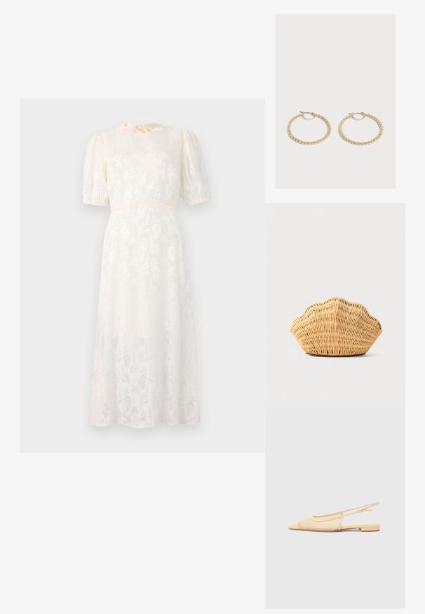 Witte jurk met bloemenpatroon, gemaakt van lichte stof, met korte puffmouwen en een gestrikte halslijn, en een vloeiende, knielange Silhouet.; Slingback ballerina in lichtbeige met een mesh bovenwerk, spitse neus en een lage hak. Voorzien van een verstelbare band voor een goede pasvorm.; Geweven rotan handtas in de vorm van een sint-jakobsschelp met natuurlijke lichtbruine kleur en afgeronde, gestructureerde randen.; Een paar middelgrote gouden oorringen met een getextureerd, kralenontwerp op een effen lichte achtergrond.