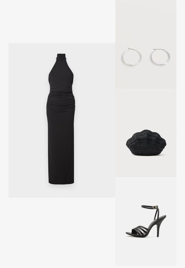 Zwarte halternekjurk van gladde stof, met een aansluitend ontwerp en ruches bij de taille, en een lange, rechte rok.; Zwarte strappy hoge hak sandaal met een slanke enkelband, open teen en een gladde afwerking. Heeft een slanke hak en een gestructureerd bandontwerp.; Zwarte gevlochten handtas in de vorm van een sint-jakobsschelp met een gebogen bovenkant en een geweven textuur op een effen achtergrond.; Zilverkleurige metalen creolen oorbellen met een glad, licht gebogen oppervlak en sluitingen met haaksluiting op een effen witte achtergrond.