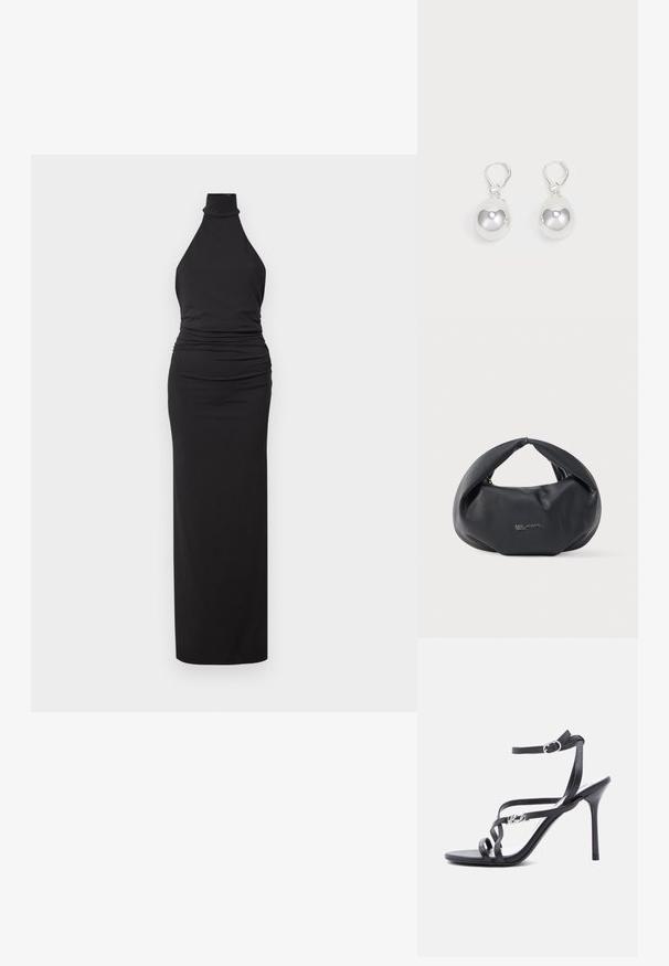 Robe noire à col halter en tissu lisse, au design ajusté avec fronces à la taille et une longue jupe droite.; Sandale à talon noir avec fines lanières, boucle à la cheville et détail logo en métal sur la lanière latérale, sur fond blanc.; Sac hobo en cuir souple noir avec une anse froncée et un logo argenté "Karl Lagerfeld Jeans" sur le devant, présenté sur un fond uni.; Boucles d'oreilles en argent en forme de goutte avec des surfaces lisses, rondes et réfléchissantes, suspendues à des fermoirs à ressort. L'arrière-plan est blanc uni.