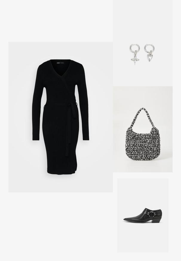 Vestido negro de canalé con escote en V, mangas largas, diseño envolvente y cintura anudada. Presenta una abertura lateral para un detalle adicional.; Botas de cuero negras hasta el tobillo con puntera puntiaguda, que presentan una correa de cuero en la parte delantera y un detalle de hebilla plateada, además de un tacón bajo y cuadrado.; Bolso de mano tejido en blanco y negro con forma redondeada, superficie texturizada y asa trenzada. Adecuado para uso casual.; Pendientes de aro de plata con un charm de cruz y corazón. Textura suave y brillante con un acabado pulido. Cada charm cuelga de un lazo seguro.