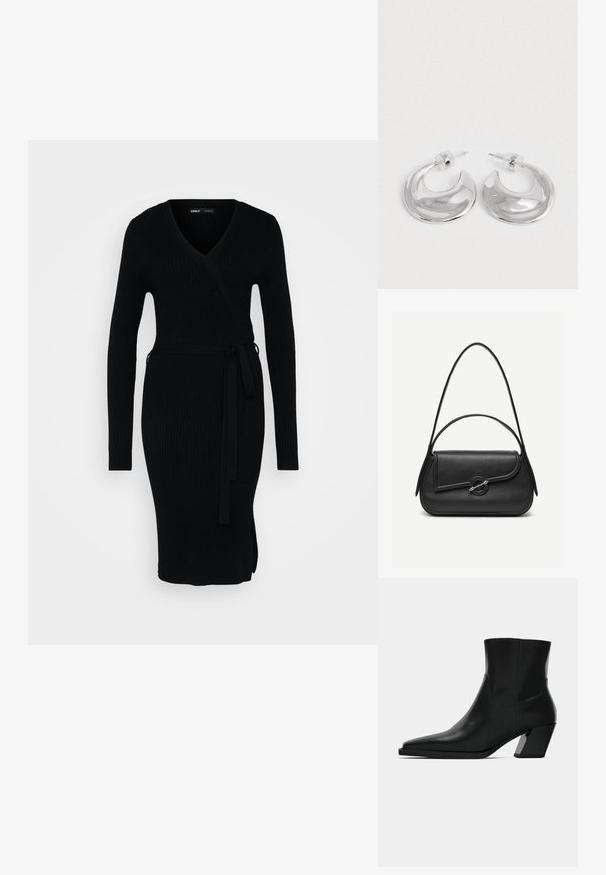 Robe noire côtelée avec un décolleté en V, des manches longues, un design enveloppant et une taille nouée. Elle présente une fente sur le côté pour plus de détail.; Bottine en cuir noir avec un bout pointu, une silhouette élégante et un talon carré massif. Texture lisse avec des détails de couture minimalistes.; Sac à main en cuir noir avec bords arrondis, rabat asymétrique, fermoir circulaire en métal, et des bandoulières courtes et longues.; Une paire de boucles d'oreilles en croissant argenté poli avec des supports en plastique transparent sur une surface blanche.