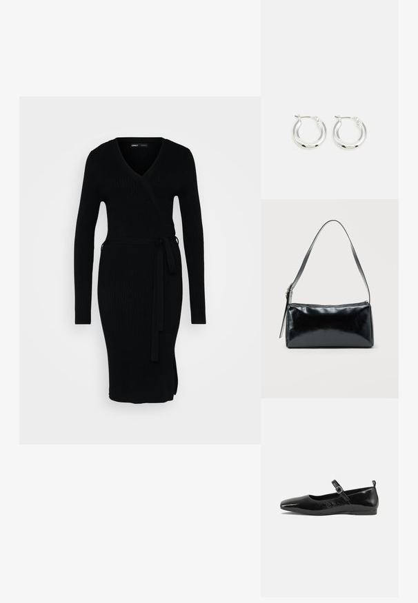 Robe noire côtelée avec un décolleté en V, des manches longues, un design enveloppant et une taille nouée. Elle présente une fente sur le côté pour plus de détail.; Chaussure plate en cuir verni noir avec un bout pointu, une sangle de cheville avec boucles, et une texture lisse et brillante. Talon bas pour le confort.; Sac d'épaule rectangulaire noir avec une sangle réglable unique et une fermeture éclair supérieure sur un fond uni.; Boucles d'oreilles en argent avec une finition polie, présentant une forme circulaire et une fermeture à charnière. Texture lisse avec un minimum de détails.