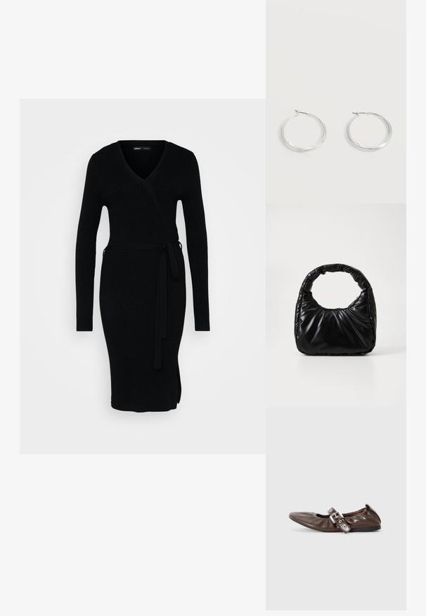 Zwart geribd jurkje met een V-hals, lange mouwen, een wikkelontwerp en een strik taille. Het heeft een zijsplit voor extra detail.; Bruine gepatineerde leren ballerina met een spitse neus, elastische strikdetail en een zilveren gespaccent aan de zijkant. Zwarte rubberen zool.; Zwarte gevoerde handtas met een ronde handgreep, met een gladde, glanzende oppervlakte en een zachte, gewatteerde textuur. Geen zichtbare metalen onderdelen of accenten.; Zilverkleurige metalen creolen oorbellen met een glad, licht gebogen oppervlak en sluitingen met haaksluiting op een effen witte achtergrond.