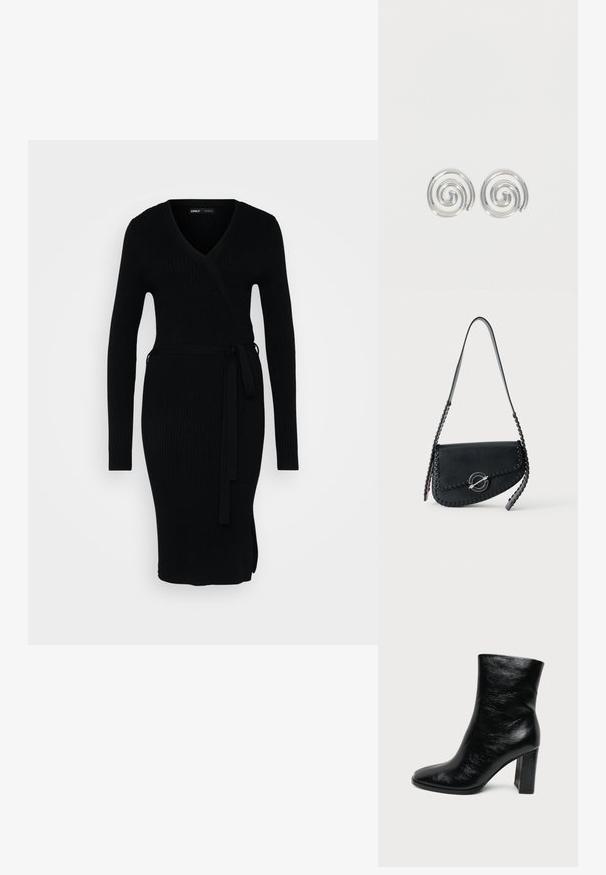 Robe noire côtelée avec un décolleté en V, des manches longues, un design enveloppant et une taille nouée. Elle présente une fente sur le côté pour plus de détail.; Bottine en cuir noir brillant avec un bout arrondi et un talon haut épais sur un fond clair uni.; Sac à bandoulière en cuir noir avec bordure tressée, fermoir rond argenté et longue bandoulière, présenté sur un fond clair uni.; Paire de boucles d'oreilles en forme d'anneau spirale en argent avec un design lisse et arrondi sur fond blanc uni.