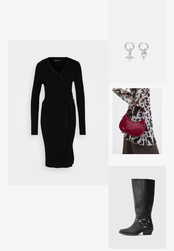 Robe noire côtelée avec un décolleté en V, des manches longues, un design enveloppant et une taille nouée. Elle présente une fente sur le côté pour plus de détail.; Bottines noires en cuir hauteur genou avec un bout pointu, dotées d'une sangle décorative à la cheville et d'accents en métal argenté. Talon bas empilé.; Femme portant un chemisier à motif noir et blanc tenant un sac à main rouge brillant sur un fond uni.; Boucles d'oreilles en argent en forme de cerceau avec un charme croix et cœur. Texture lisse et brillante avec une finition polie. Chaque charmepend d'une boucle sécurisée.