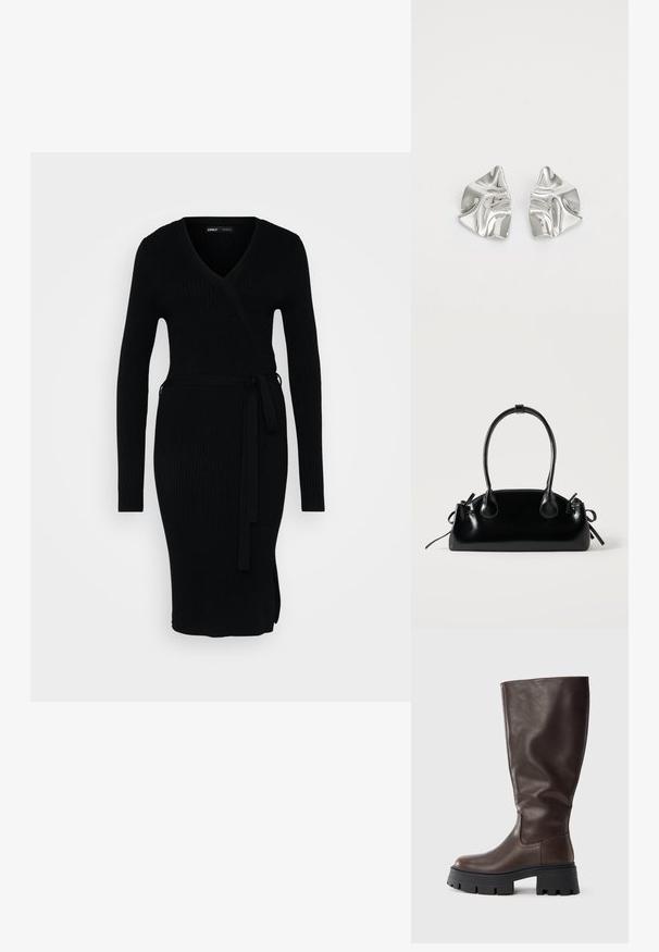 Robe noire côtelée avec un décolleté en V, des manches longues, un design enveloppant et une taille nouée. Elle présente une fente sur le côté pour plus de détail.; Botte haute jusqu'au genou en cuir marron avec une semelle noire épaisse, texture lisse, bout rond et détails de couture minimaux.; Petit sac à main noir brillant avec deux longues anses et des détails à cordon sur les côtés sur un fond clair uni.; Boucles d'oreilles en métal argenté avec un design ondulé et sculptural, présentant une finition polie et des formes irrégulières, mettant en valeur une esthétique contemporaine.