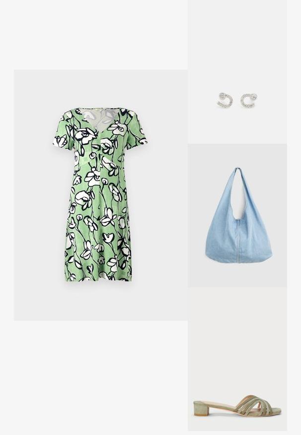 Kortærmet grøn kjole med hvid blomsterprint, der har v-udskæring og knaplukning foran. Fremstillet af let, åndbart stof.; Lys grøn suede slide sandal med en lav blokhæl. Har flere buede remme over foden og en glat læderindlæg.; Lyseblå denim skuldertaske med bred rem og synlig central søm, vist mod en ensartet lys grå baggrund.; Sølvøreringe formet som et buet bogstav C, prydet med klare, runde rhinsten langs kanten. Glat metallisk tekstur.