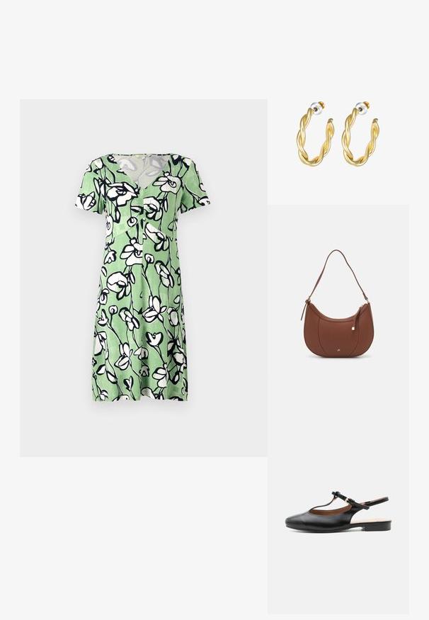 Korte mouwen groene jurk met een wit bloem patroon, met een V-hals en een knopenlijst aan de voorkant. Gemaakt van lichtgewicht, ademende stof.; Zwarte leren platte slingbackschoen met T-bandje en gouden gesp op een neutrale achtergrond.; Bruine faux leren schoudertas met een gebogen vorm, minimale stiksels en een gouden hardware-accent. Voorzien van een bovenste ritsluiting en een verstelbare schouderband.; Gouden gedraaide oorringen met een gladde afwerking, voorzien van een transparante achterkant en goudkleurige hardware.