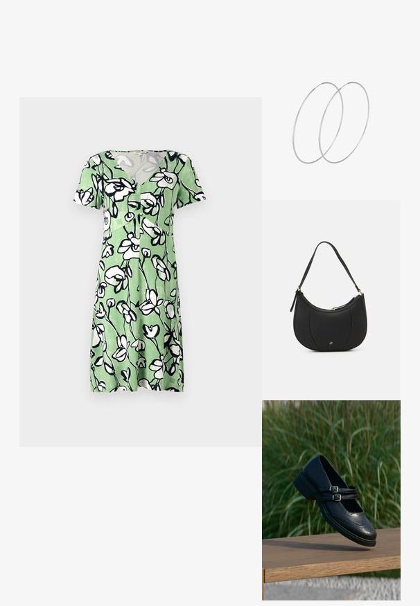 Korte mouwen groene jurk met een wit bloem patroon, met een V-hals en een knopenlijst aan de voorkant. Gemaakt van lichtgewicht, ademende stof.; Zwarte leren Mary Jane-schoen met dubbele gespsluitingen en brogue-details, zwevend boven een houten bankje met groene grasachtergrond.; Zwarte leren handtas met een gebogen vorm, textuuroppervlak, voornaden en een logo in goudkleur. Beschikt over een enkele verstelbare schouderband.; Zilveren hoepel oorbellen met een minimalistisch ontwerp. Cirkelvormig, gladde textuur en dun profiel. Lichtgewicht met een gepolijste afwerking.