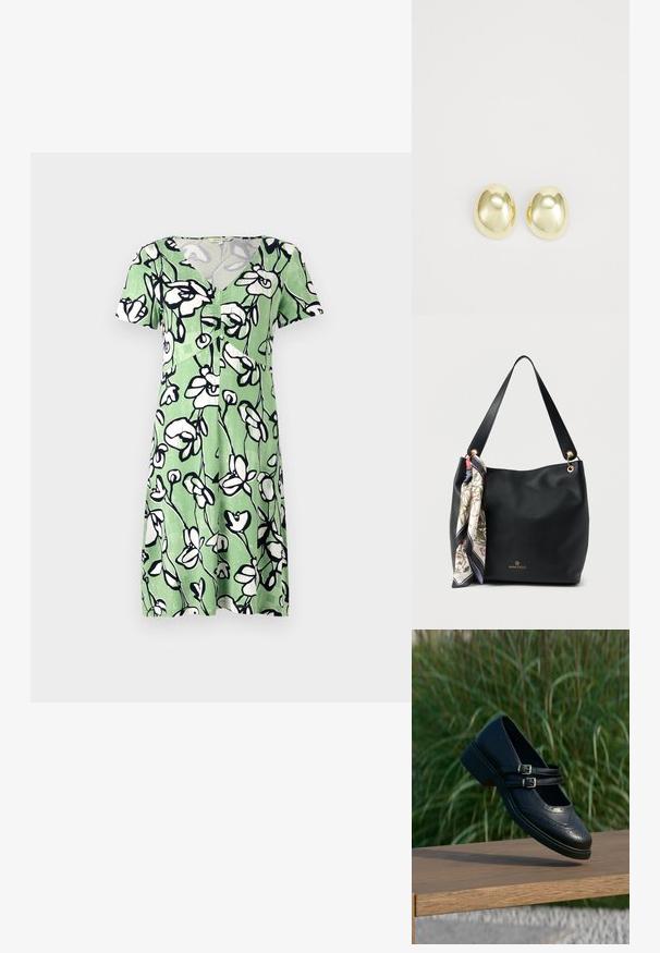 Kortærmet grøn kjole med hvid blomsterprint, der har v-udskæring og knaplukning foran. Fremstillet af let, åndbart stof.; Sort læder Mary Jane-sko med dobbelte spænder og brogue-detaljer, der svæver over en træbænk med grøn græsbaggrund.; Sort tekstureret læderhåndtaske med bred rem og fastgjort blomsterprintet silkeskærf, guldfarvede øjer og lille guldfarvet "Anna Field"-logo centreret nedenfor.; Guldtonede metalstudøreringe med en glat, rund form og poleret overflade. Simpelt design uden yderligere dekorationer.