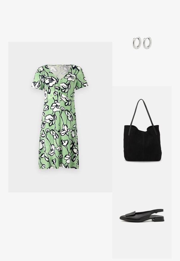Korte mouwen groene jurk met een wit bloem patroon, met een V-hals en een knopenlijst aan de voorkant. Gemaakt van lichtgewicht, ademende stof.; Zwarte leren slingback schoen met een spitse neus, platte hak en oversized flapdetail. Voorzien van een verstelbare band met een knop.; Zwarte suede tote bag met twee lange, platte leren handvatten. Heeft een gebogen bovenrand en zichtbare stiksels aan de voorkant. Geen hardware-accenten.; Zilveren creolen met een gepolijste afwerking, uitgerust met een cirkelontwerp en naadloze scharnieren, die een gladde textuur tentoonstellen.
