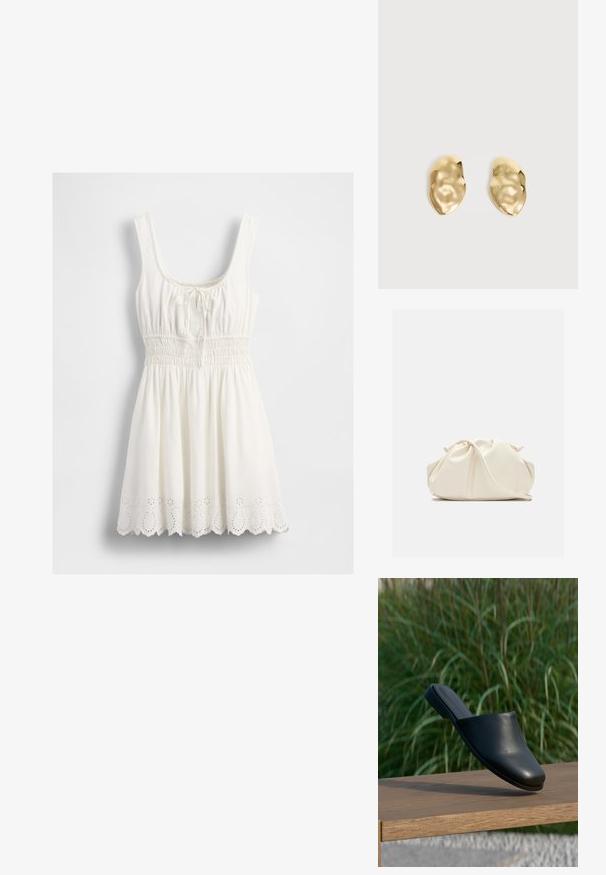 Robe blanche sans manches avec décolleté carré, taille froncée, détail à nouer au niveau de la poitrine et bordure festonnée en œillets.; Chaussure mule en cuir noir sans lacets flottant au-dessus d'un banc en bois avec de l'herbe verte haute en arrière-plan.; Pochette en cuir souple couleur crème avec un design froncé et une fine bandoulière reposant à l’avant sur un fond uni.; Paire de boucles d'oreilles en métal doré brillant, de forme irrégulière, avec une surface froissée et lisse sur un fond clair uni.