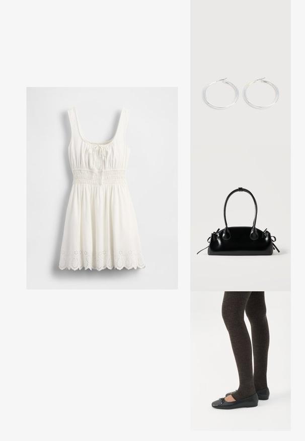 Robe blanche sans manches avec décolleté carré, taille froncée, détail à nouer au niveau de la poitrine et bordure festonnée en œillets.; Jambes portant des leggings côtelés foncés associés à des ballerines noires avec de petits détails en nœud sur fond blanc.; Petit sac à main noir brillant avec deux longues anses et des détails à cordon sur les côtés sur un fond clair uni.; Paire de boucles d'oreilles créoles argentées brillantes avec fermoirs en fil fin, présentée sur un fond gris clair.
