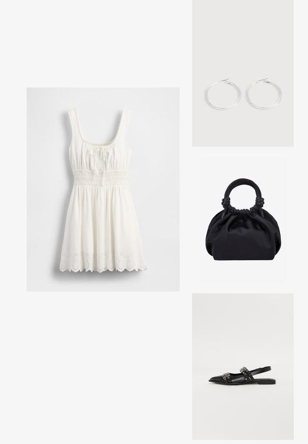 Valge ilma varrukateta kleit ruudukujulise kaelusega, kogutud vöökoht, lipsudetail rinnal ja kergelt laineline silmadega äärise muster.; Even&Odd by Zalando Kannarihmaga baleriinad - black; Mustast pehmest kangast käekott kroogitud ülaosaga ja ümarate polsterdatud käepidemetega, mis on kummalgi küljel sõlmedega seotud.; Paari läikiva hõbedase rõngaskujulise kõrvarõngastega, millel on õhukesed traatlukkud, kuvatud heleda halli taustal.
