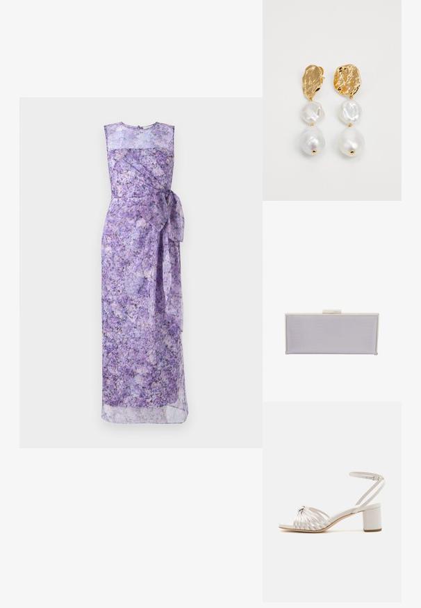 Lilla blomster maxi kjole med ærmeløs design, indpakningsstil, bundet talje og et gennemsigtigt lagdelt tekstur. Let og flydende stof.; Creme blok-hælede sandal med snoet stropdesign, glat tekstur, justerbar ankelstrop og åben tå.; Rektangulær lavendel clutch lavet af tekstureret materiale med glatte kanter. Har en sølv spænde lukning på toppen.; Guldtonede metaløreringe med organiske former, dekoreret med tre blanke, uregelmæssige ferskvandsperler i hvide nuancer.