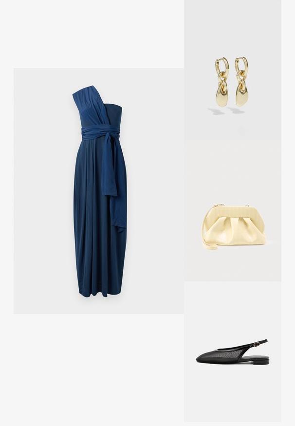 Námornícka modrá, bezrukávová, dlhá až na zem s jednoramenným dizajnom, zviazaný pás a splývavá látka. Hladká textúra, elegantné zavinutie.; Čierna slingback balerína s ostrou špičkou, sieťovaným zvrškom, nastaviteľným remienkom s prackou a nízkym stohovaným podpätkom na bielom pozadí.; Krémovo sfarbené kožené psaníčko s pevnou hornou konštrukciou a zápästným remienkom, prezentované na jednoduchom svetlom pozadí.; Zlaté kruhové náušnice s prepojeným dizajnom a hladkými, kvapkovitými akcentmi. Reflexný povrch zvyšuje vizuálnu príťažlivosť.