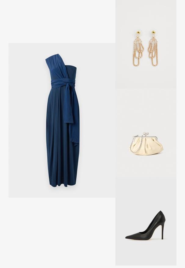 Námornícka modrá, bezrukávová, dlhá až na zem s jednoramenným dizajnom, zviazaný pás a splývavá látka. Hladká textúra, elegantné zavinutie.; Čierny kožený lodička na vysokom podpätku so špicatou špičkou, hladkou textúrou a elegantným dizajnom. Má úzky ihličkový podpätok a otvorené boky.; Zhlý béžový kožený klobúk so strieborným kovovým rámom, ktorý má dve okrúhle dekoratívne zámky a strieborný reťazový popruh.; Zlaté visacie náušnice s viacerými kaskádovými reťazcami, zdobené jasnými rhinestonmi a priehľadným podkladom pre bezpečné nosenie.