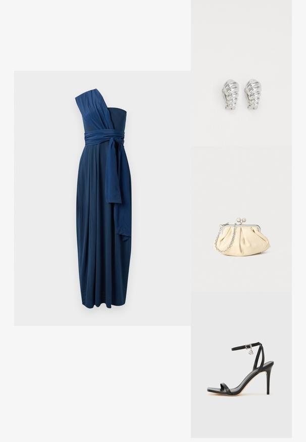Marineblauwe, mouwloze, vloerlange jurk met een asymmetrisch ontwerp, een strik rond de taille en vloeiende stof. Vlekkeloze textuur, elegante draping.; Zwarte sandaal met hoge hak, smalle enkelband, vierkante neus, soepel leermateriaal en metalen gespsluiting.; Geplooide beige leren clutch met een zilveren metalen frame, voorzien van twee ronde decoratieve sluitingen en een zilveren kettingriem.; Zilveren clip-on oorbellen met een spiraalontwerp, voorzien van een gladde metallic textuur en ronde vormen. Geen zichtbare versieringen of patronen.