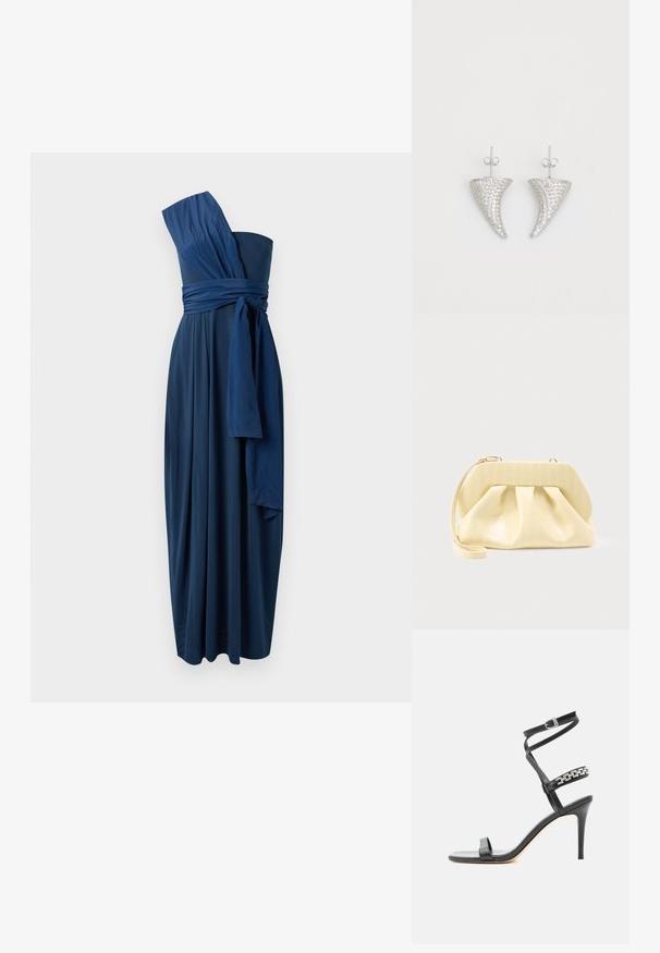 Vestido azul marino, sin mangas, de longitud hasta el suelo con un diseño de un solo hombro, batista en la cintura y tejido fluido. Textura suave, caída elegante.; Sandalia negra de tacón alto con tira delgada en el tobillo, tira en la parte media del pie decorada con eslabones de cadena plateados y diseño de punta abierta.; Bolso clutch de cuero color crema con un marco superior estructurado y correa de muñeca, mostrado sobre un fondo claro y liso.; Pendientes en forma de cuerno plateado, engastados con pequeñas piedras transparentes, que cuentan con un cierre trasero para su sujeción. Textura suave y acabado metálico.