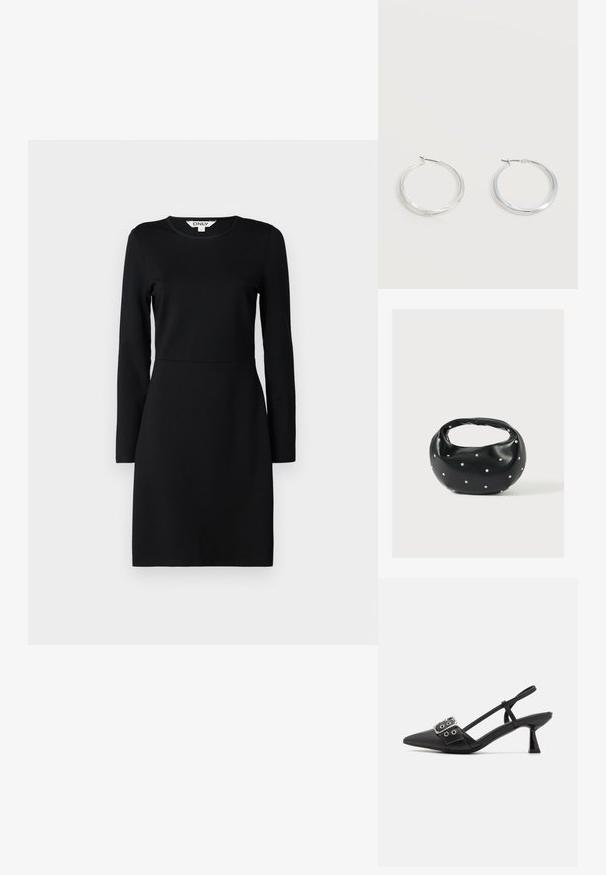 Zwarte lange mouw jurk met een ronde halslijn. Strakke pasvorm met een naaddetail op de taille. Zacht fabric, gladde textuur. Geen patronen of versieringen.; Simmi London DALA - Klassieke pumps - black; Zwarte leren handtas met een afgeronde vorm, versierd met zilveren studs, en een korte handgreep. Gladde textuur en ritsluiting.; Zilverkleurige metalen creolen oorbellen met een glad, licht gebogen oppervlak en sluitingen met haaksluiting op een effen witte achtergrond.