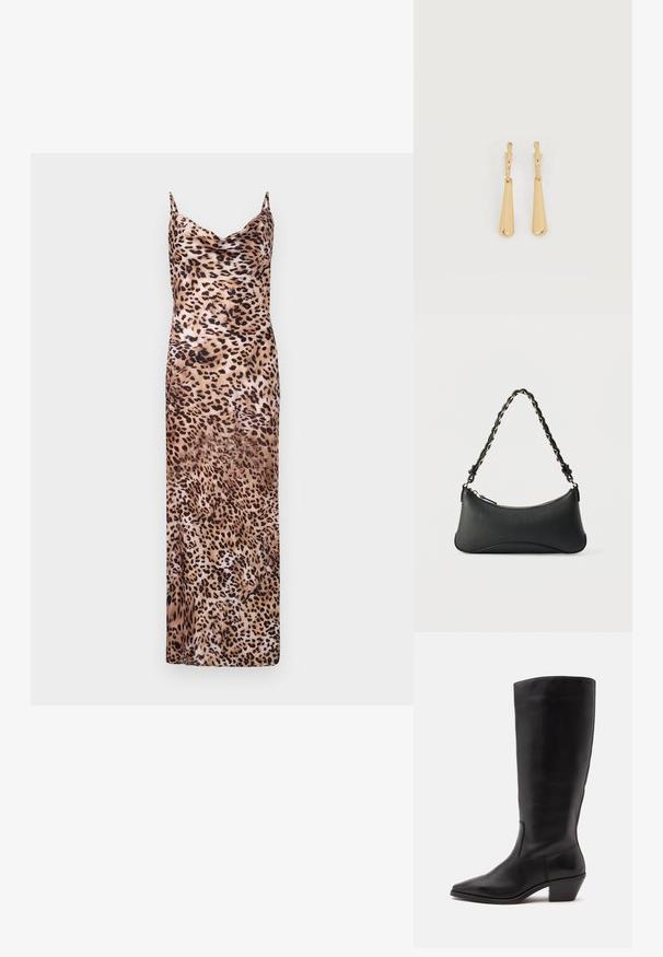 Vestido maxi de estampado de leopardo con escote drapeado, tirantes finos y una textura suave similar a la seda en tonos de marrón y beige.; Bota de cuero negra hasta la mitad de la pantorrilla con puntera puntiaguda y tacón bajo inclinado sobre un fondo claro y liso.; Bolso de hombro de cuero negro con forma rectangular curvada, cadena dorada entrelazada en una correa negra trenzada y cierre superior con cremallera.; Pendientes colgantes en tono dorado con colgantes alargados y suaves en forma de lágrima, colgando de cierres de aros pequeños sobre un fondo blanco.